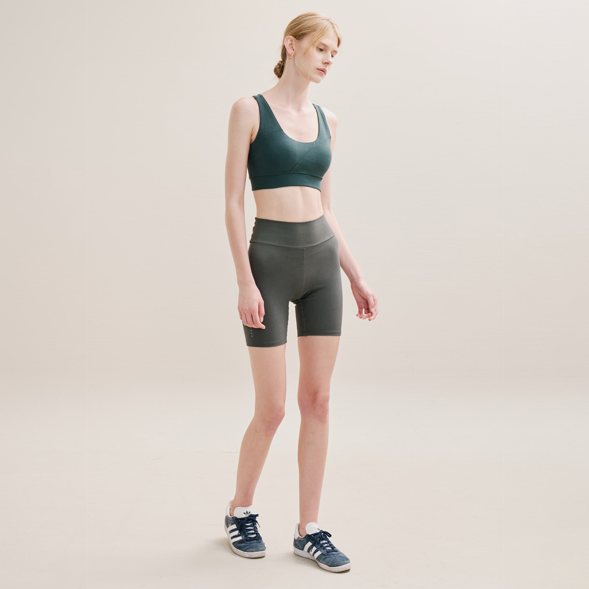 Woman in wireless racer back bra – comfortable fit with no underwire or buttons