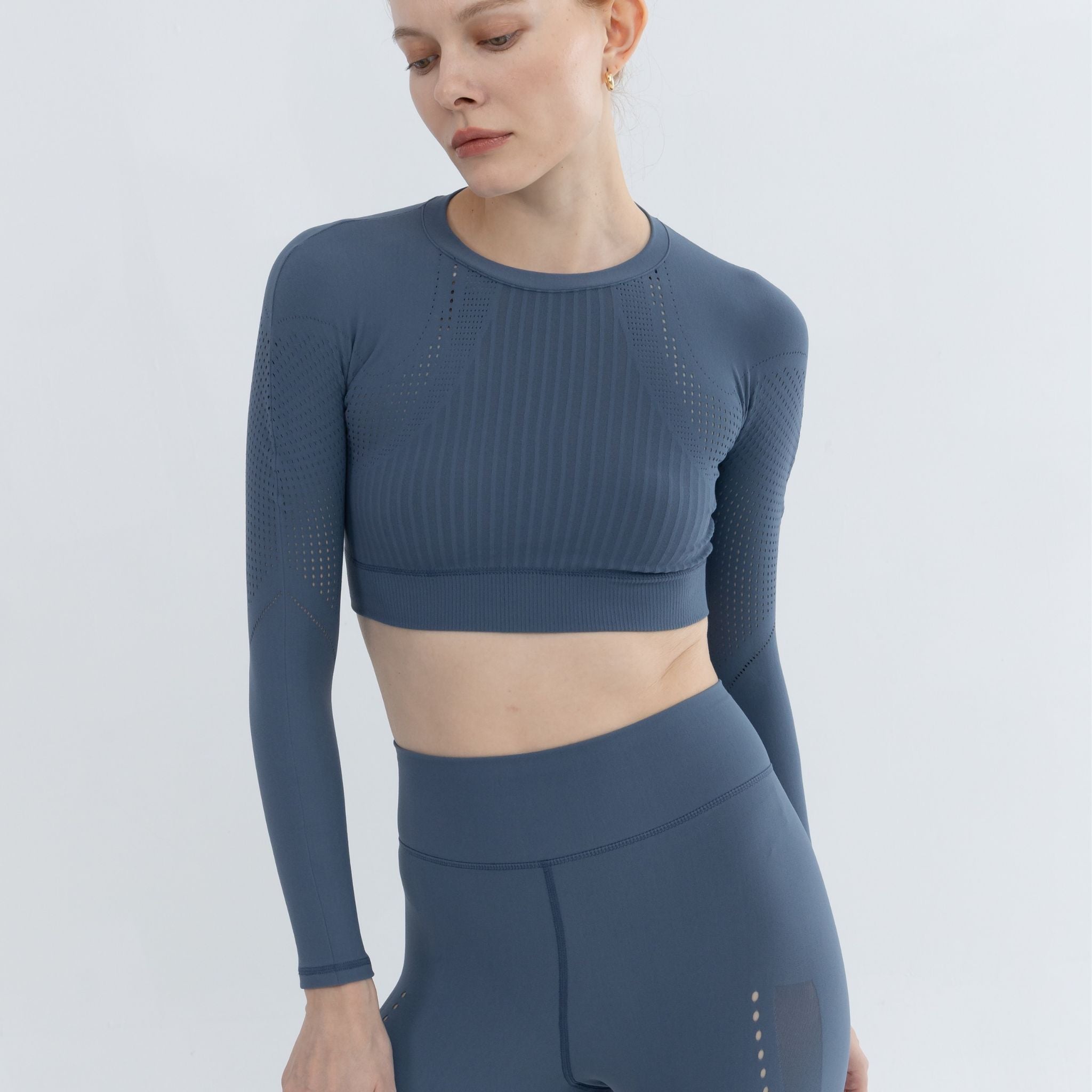 Front view of pullover showing full outfit in Smoky Blue