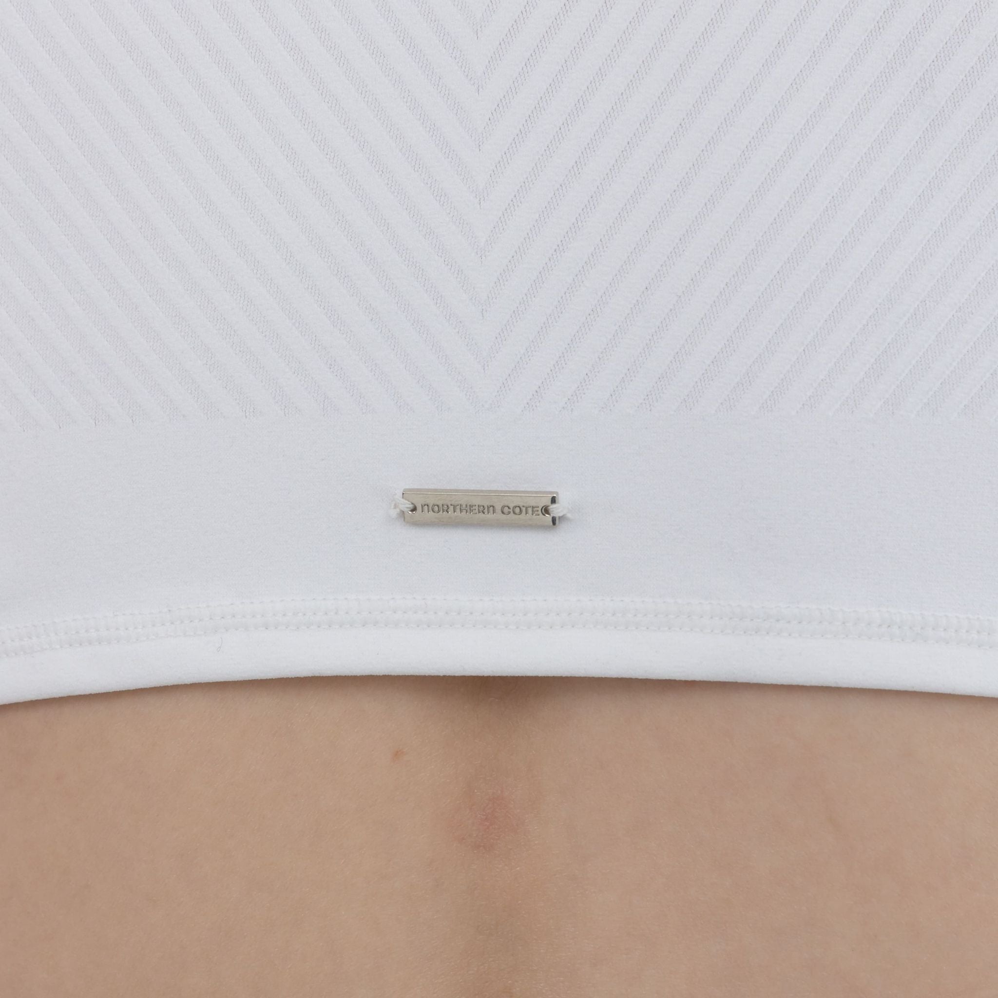 Back view of Linear Grace Fitness Raglan Crop Top in Icy White, showcasing raglan design and crop fit