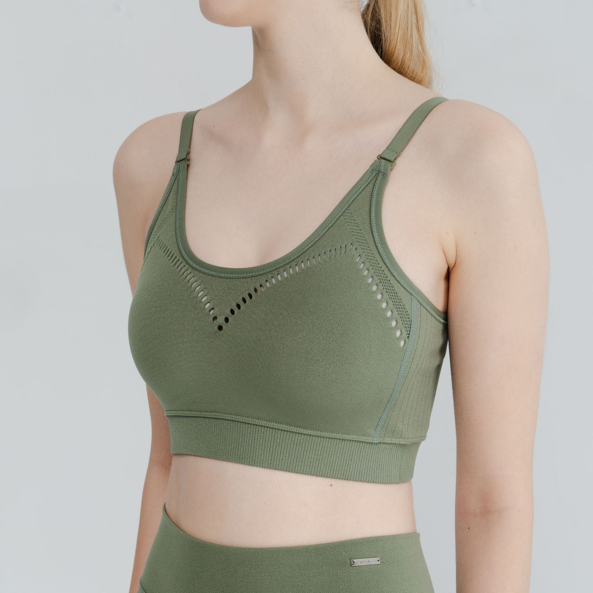 Lightweight bra detail shot emphasizing seamless construction and breathable fabric
