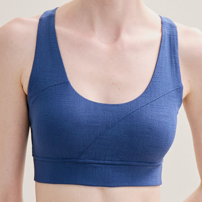 Blue racer back sports bra – lightweight, medium support, perfect for yoga and workouts