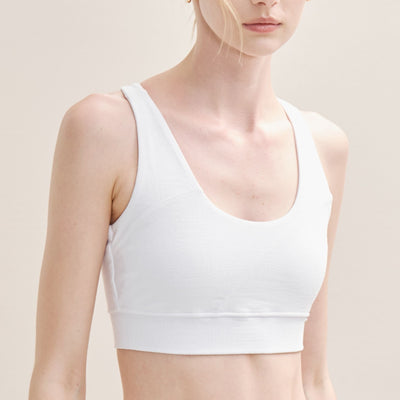 Medium support racer back bra in white – perfect cotton workout bra with wide straps