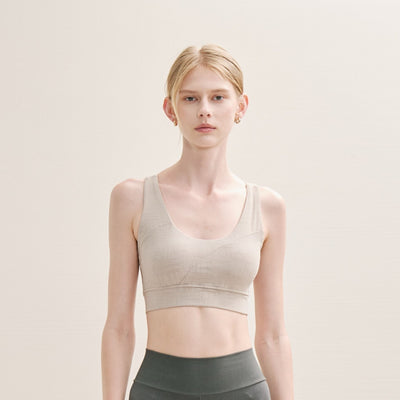 cotton racer back bra in beige – medium support bralette style for active lifestyle