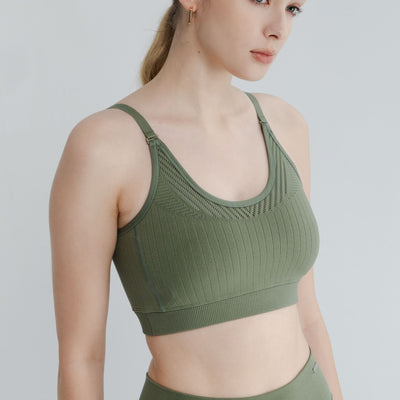 Olive open back style bra offering light support and flexibility, part of the modern open back bra variations for active lifestyles.