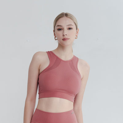 Close-up of High Neck Bra design – soft neckline and stretch-fit armholes for comfort.